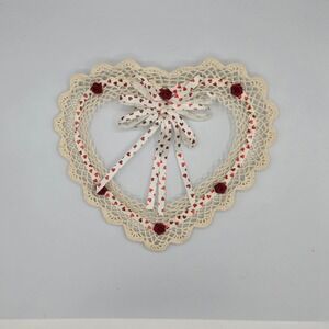 Handmade Crochet Heart Wreath Valentine Home Decor Red Roses Ribbon